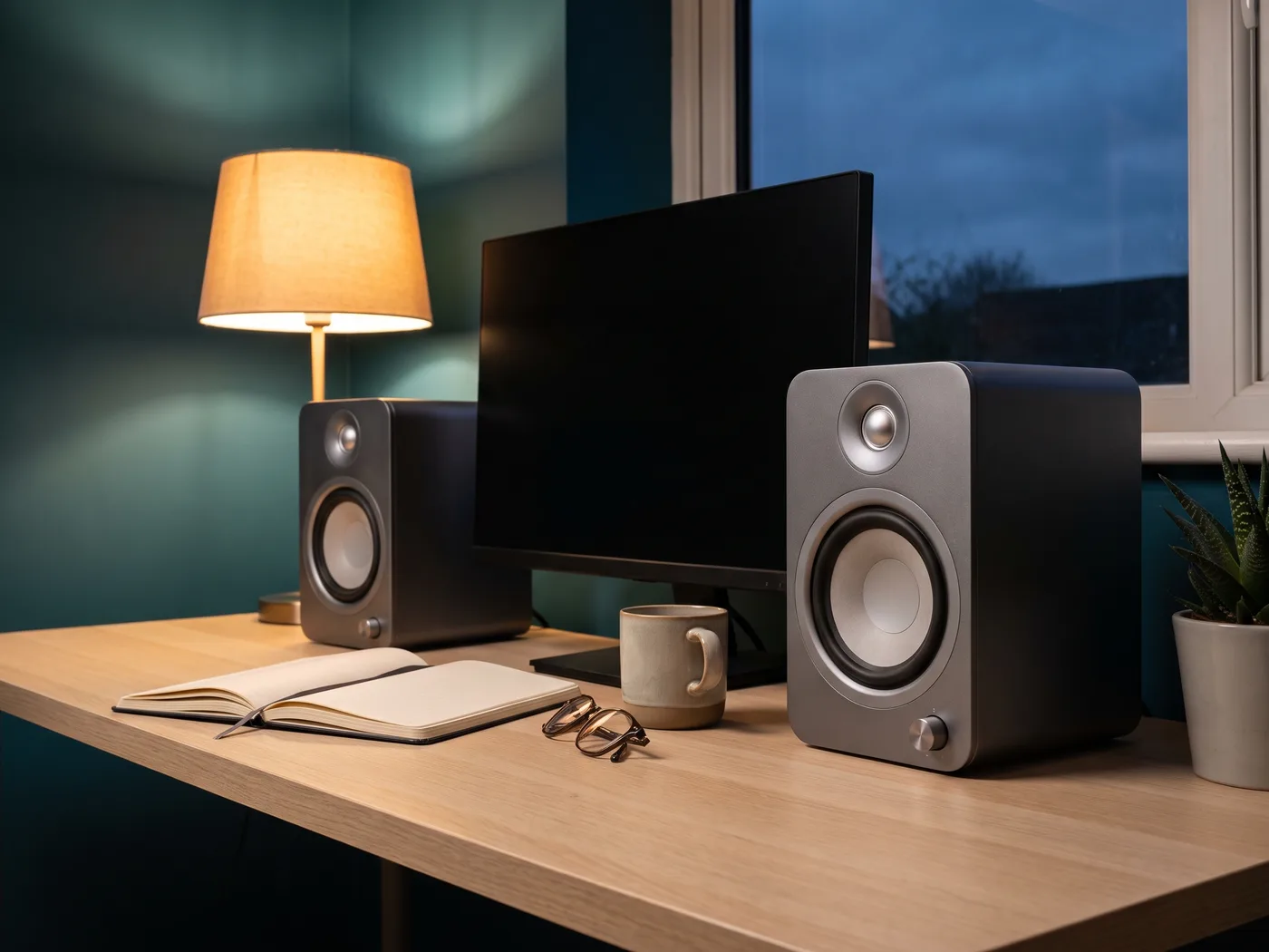 A pair of A1 speakers either side of a switched-off monitor in the evening