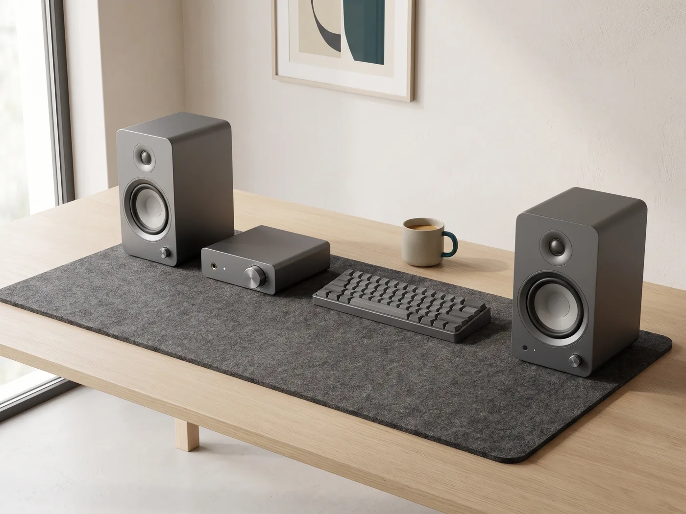 The whole range on one desk: A1 pair, A2 and desk mat