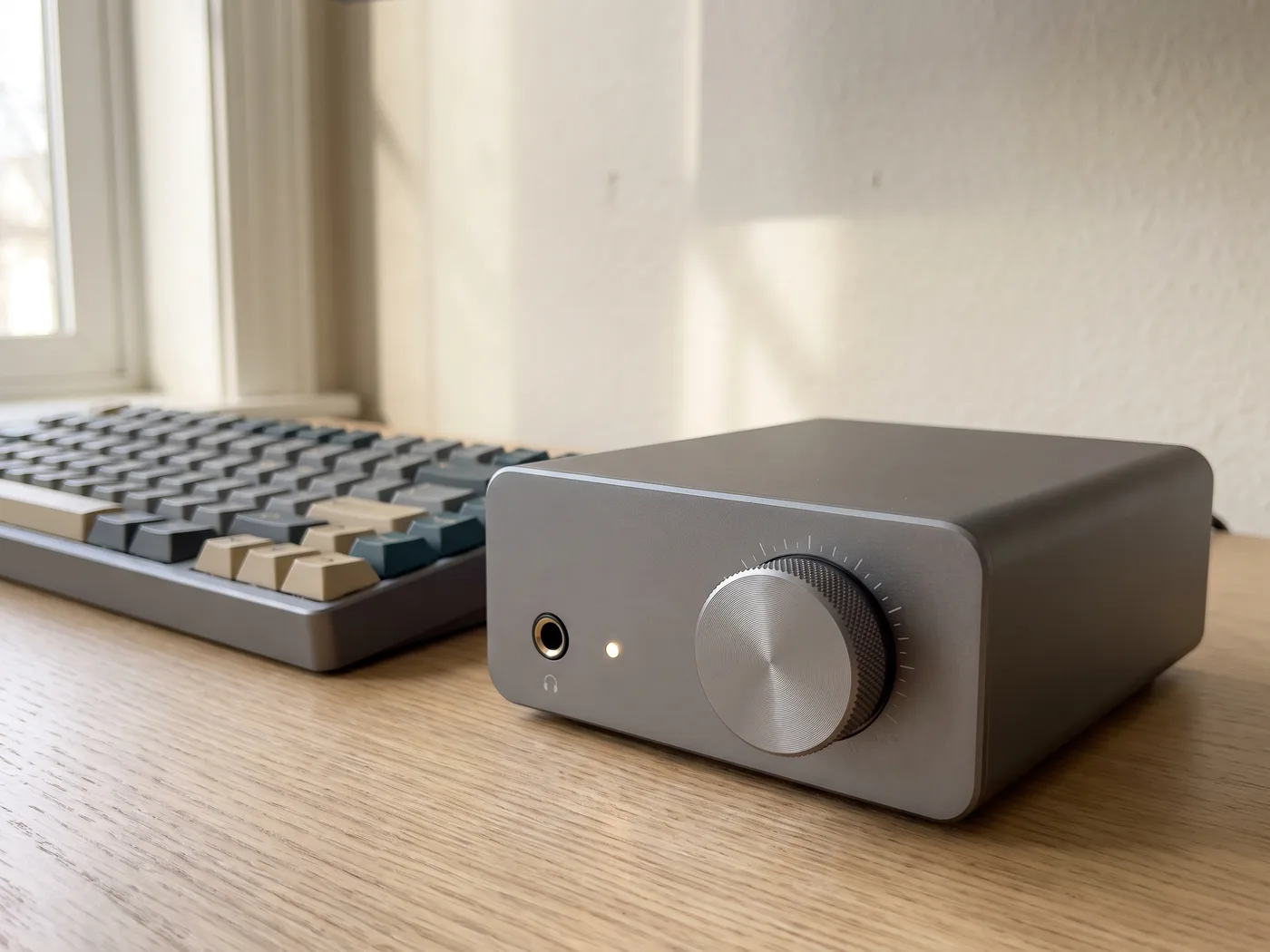 The A2 headphone amplifier beside a keyboard on an oak desk