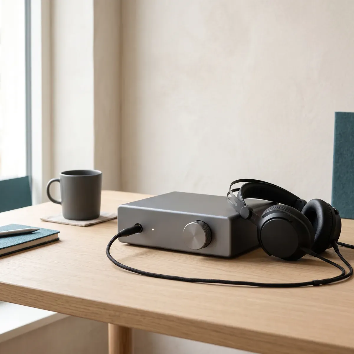 The A2 on a desk with headphones plugged in