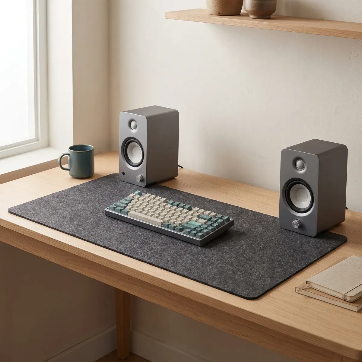 The Desk Mat under a pair of A1 speakers